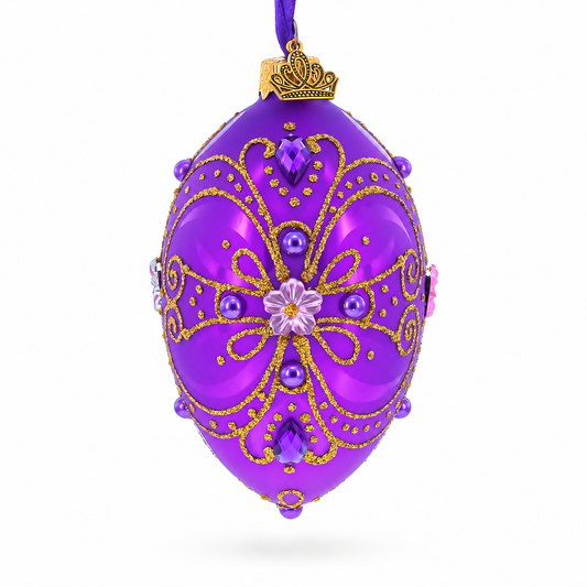 Royal Purple and Gold Glitter Scrollwork & Gem Accents Glass Egg Christmas Ornament 4 Inches