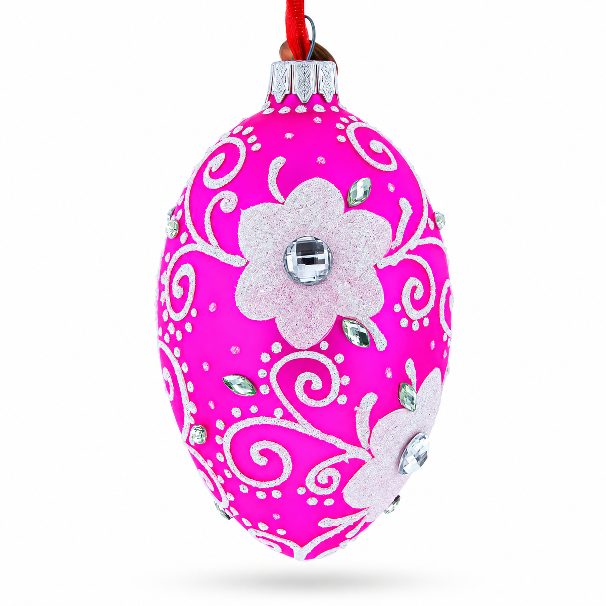 Flower with Diamond Glass Egg Christmas Ornament 4 Inches