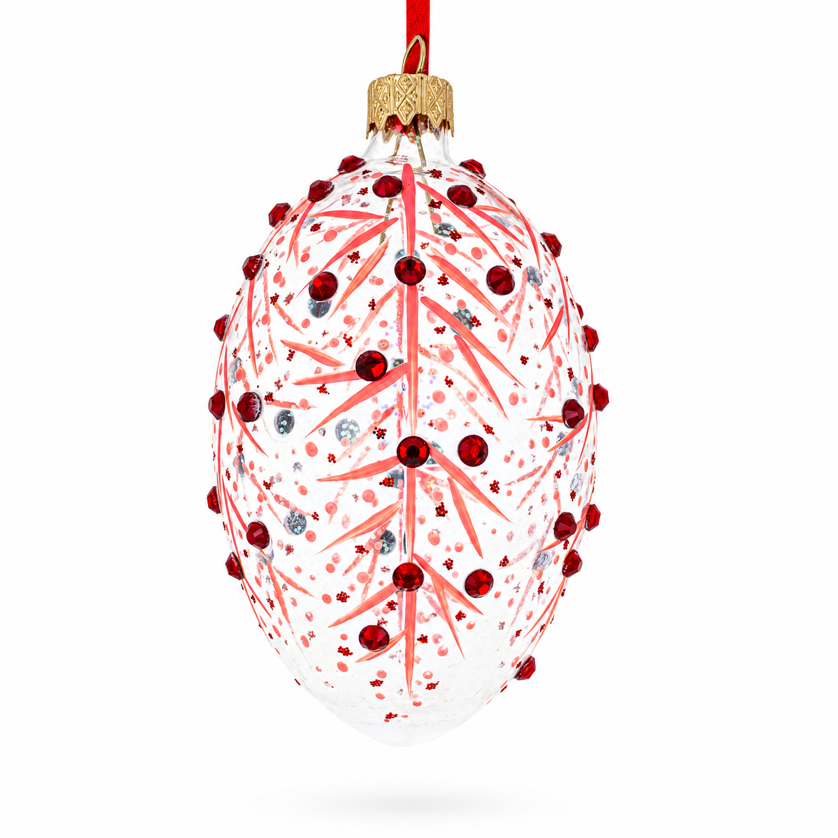Red Branches Glass Egg Christmas Ornament 4 Inches