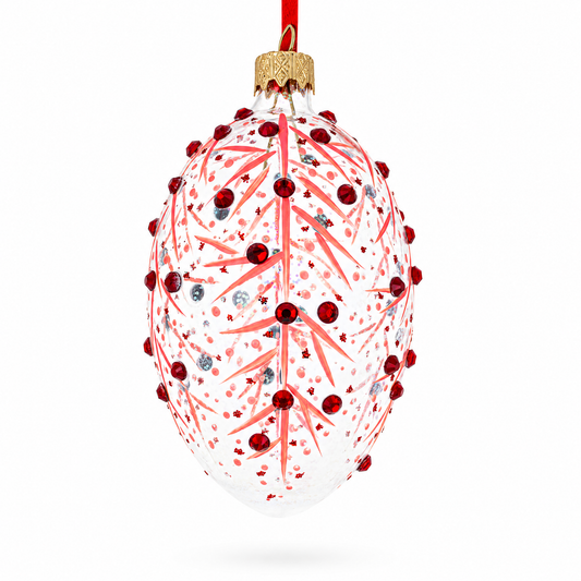 Red Branches Glass Egg Christmas Ornament 4 Inches