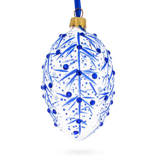Blue Branches Glass Egg Christmas Ornament 4 Inches