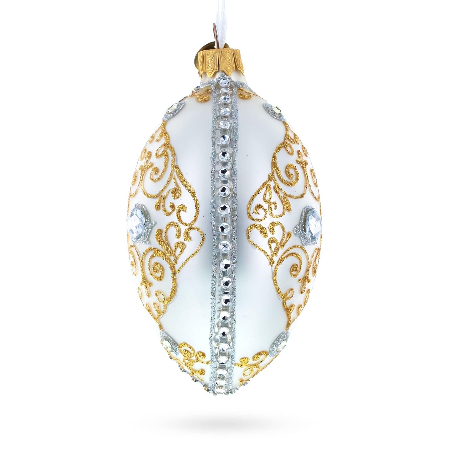Diamond in Golden Scroll Glass Egg Christmas Ornament 4 Inches