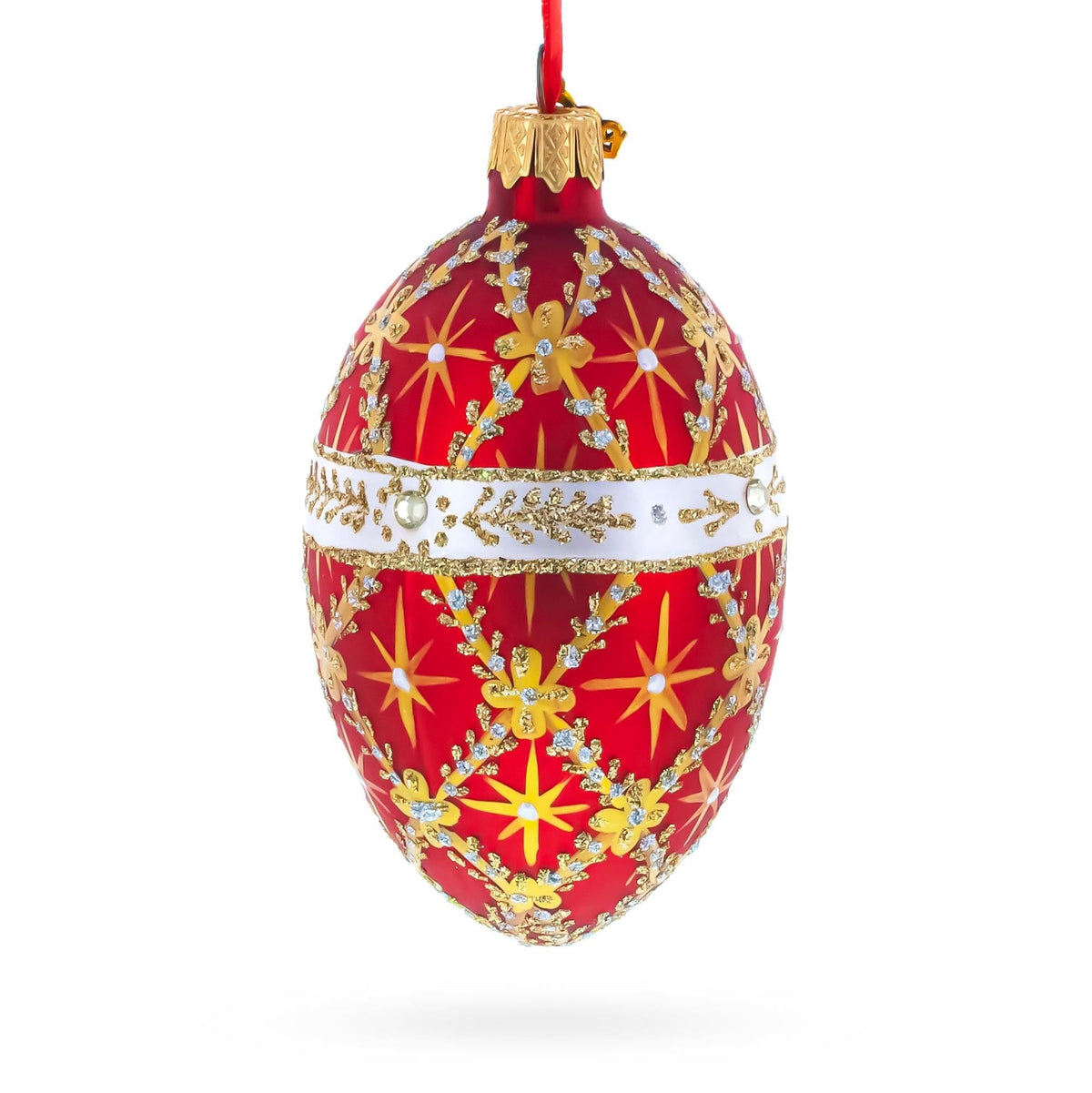 Diamond Trellis on Red Glass Egg Christmas Ornament 4 Inches