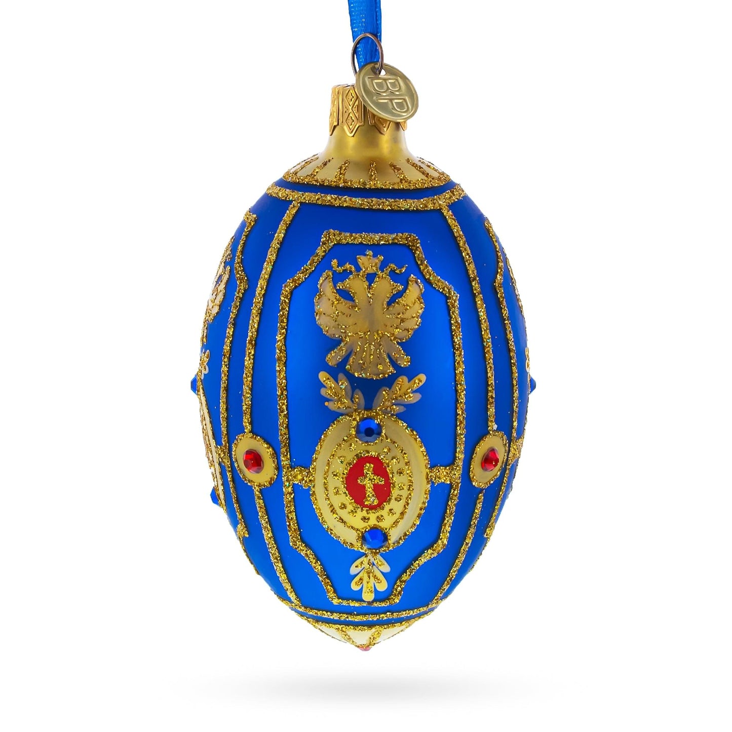 Golden Eagle on Blue Glass Egg Christmas Ornament 4 Inches
