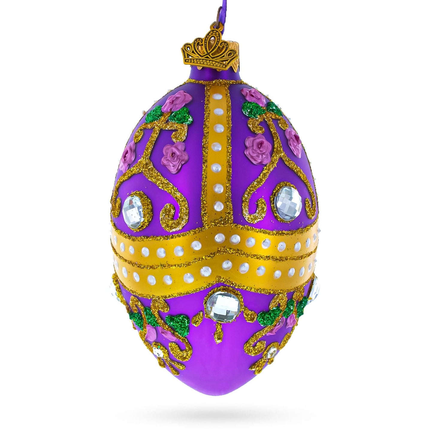 Jeweled Scrolls on Purple Glass Egg Christmas Ornament 4 Inches