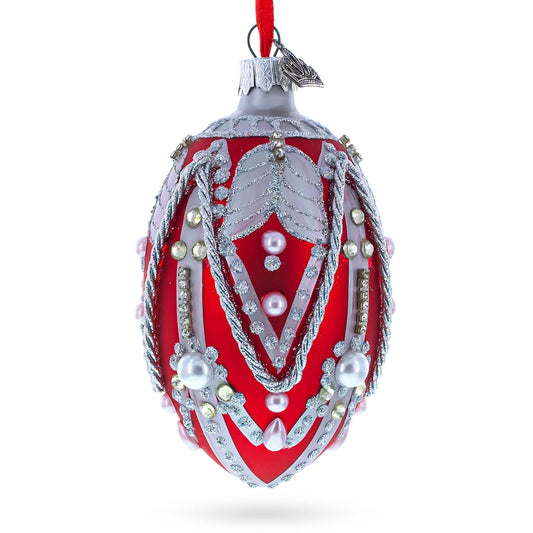 Silver Ropes on Red Glass Egg Christmas Ornament 4 Inches