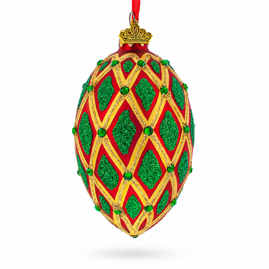 Jeweled Green IKAT on Red Glass Egg Christmas Ornament 4 Inches