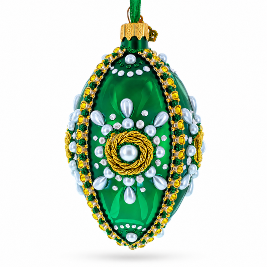 White Pearls on Green Glass Egg Christmas Ornament 4 Inches