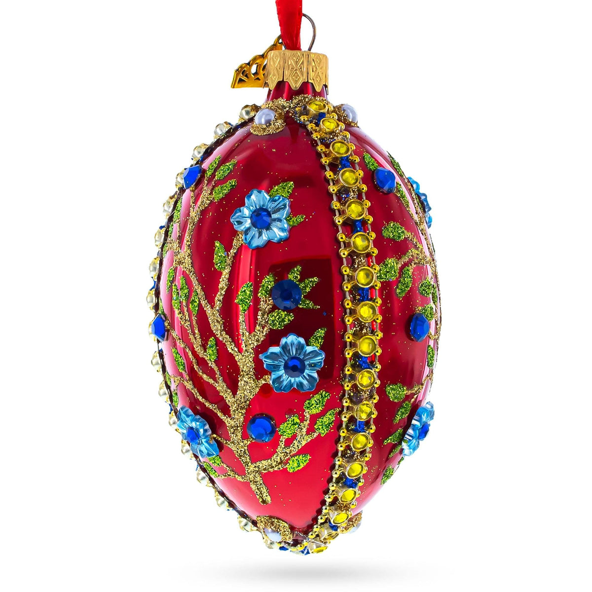 Blue Bejeweled Flowers on Red Glass Egg Ornament 4 Inches