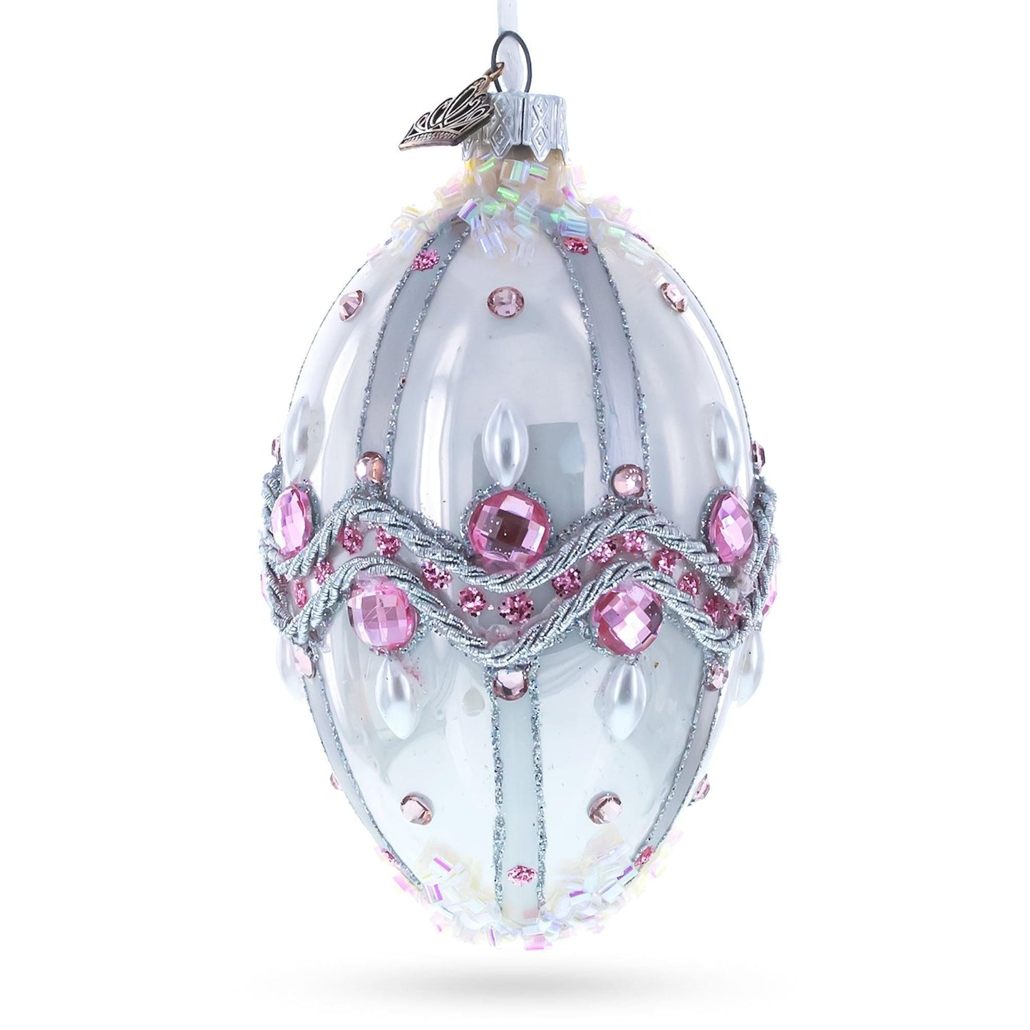Pink Jewels on Striped Glass Egg Ornament 4 Inches