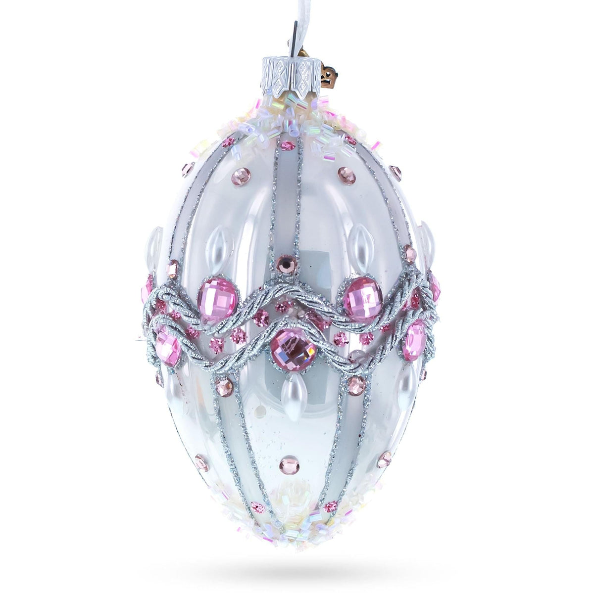 Pink Jewels on Striped Glass Egg Ornament 4 Inches