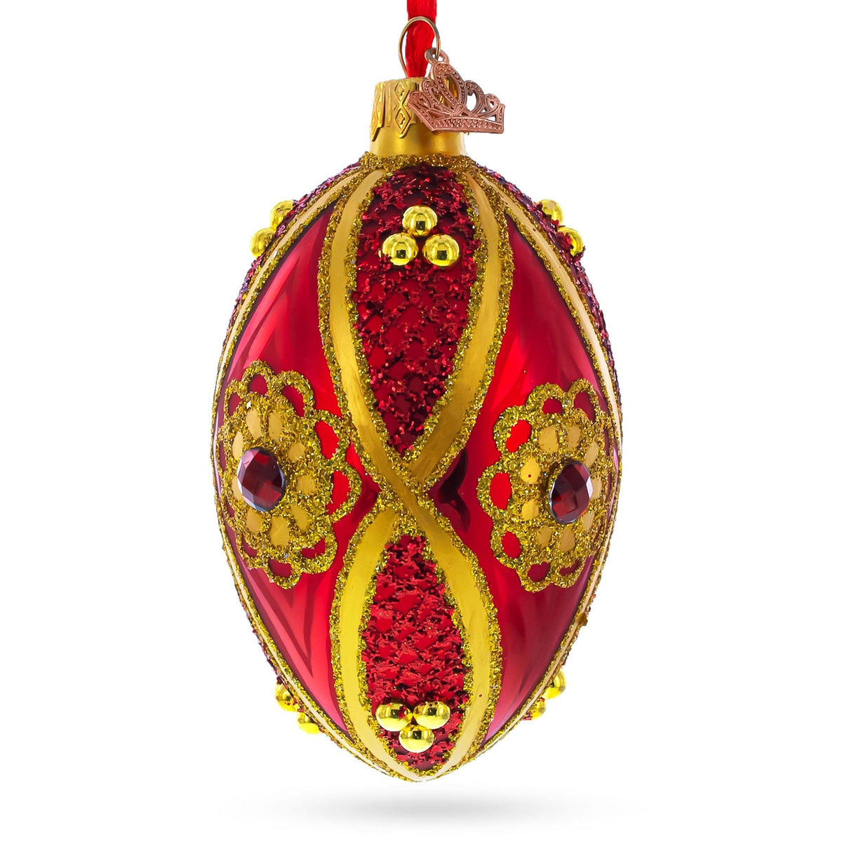 Red Jewel on Red Glass Egg Ornament 4 Inches