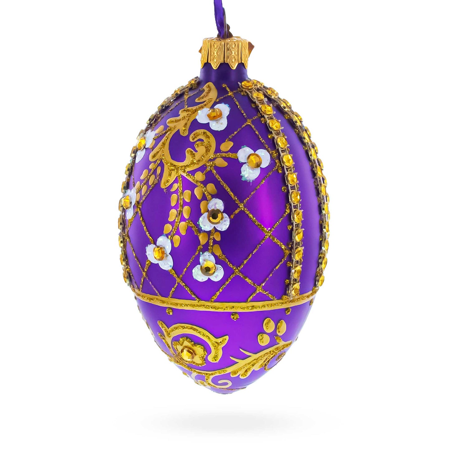 White Flowers on Purple Lattice Glass Egg Ornament 4 Inches