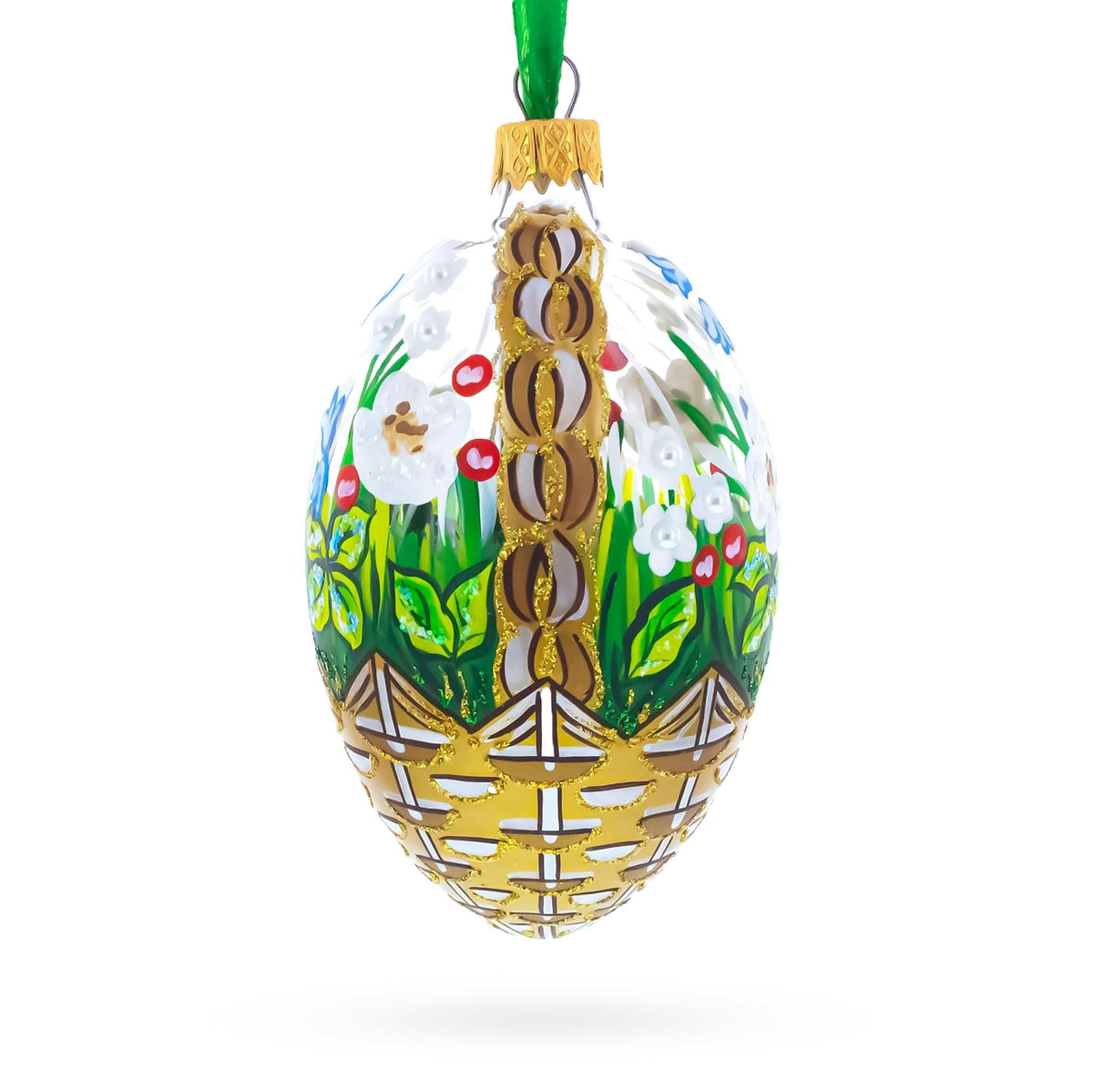 Summer Flowers Basket Glass Egg Ornament 4 Inches