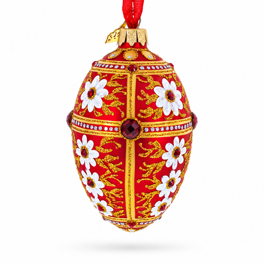 White Flowers on Red and Gold Glass Egg Ornament 4 Inches