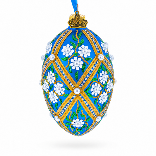 White Pearl Flowers on Blue Glass Egg Ornament 4 Inches