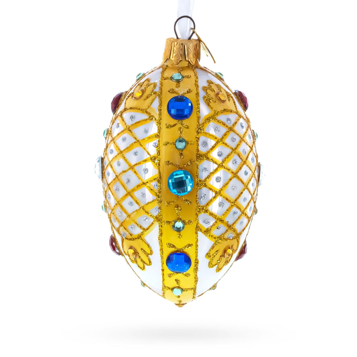 Multicolored Jewels on White Glass Egg Ornament 4 Inches