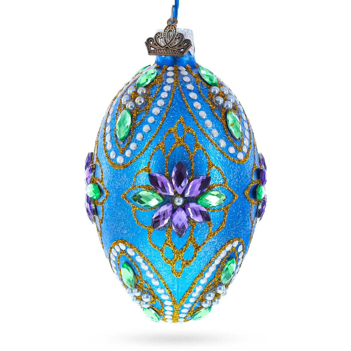 Jeweled Purple Flowers on Blue Glass Egg Ornament 4 Inches