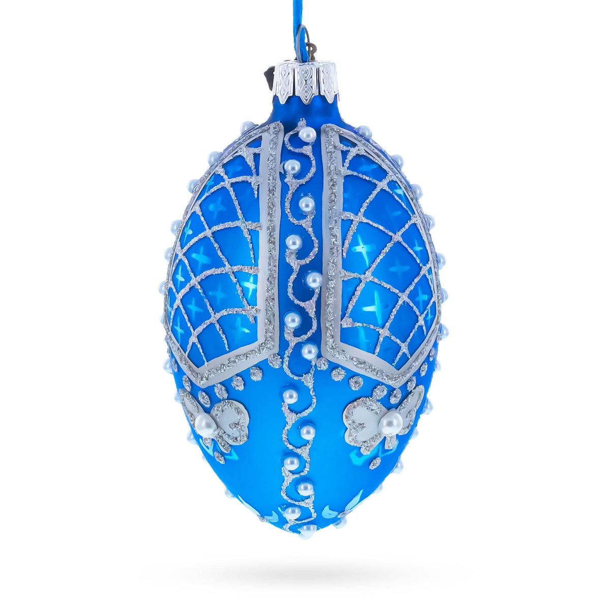 Pearls on Blue Glass Egg Ornament 4 Inches