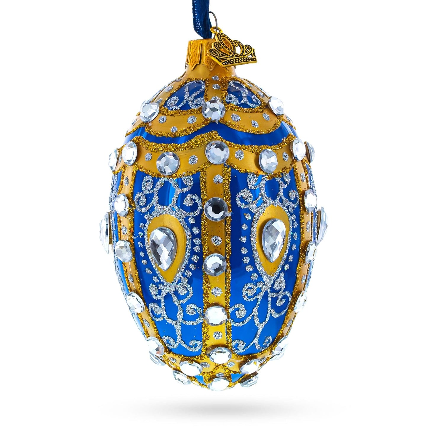 White Scrolls on Blue Glass Egg Ornament 4 Inches