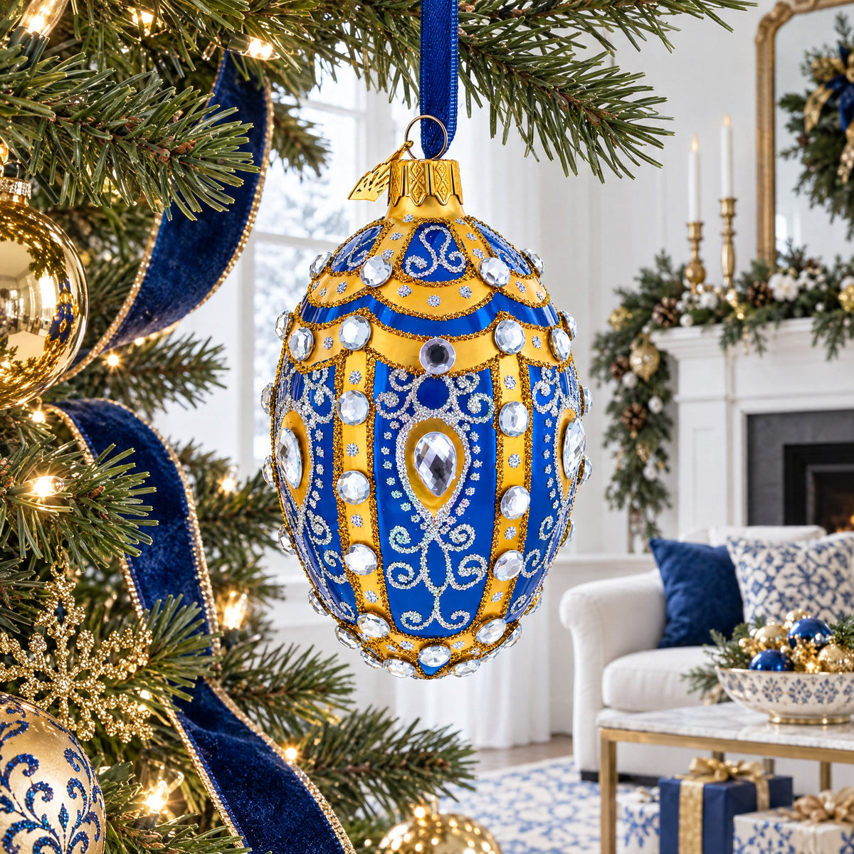White Scrolls on Blue Glass Egg Ornament 4 Inches