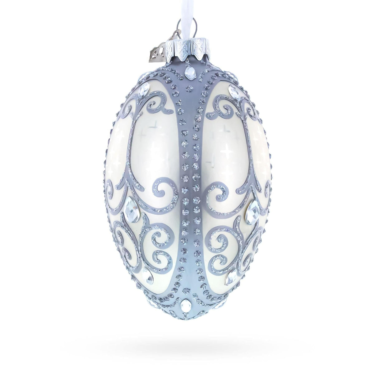 Silver Scrolls on White Glass Egg Ornament 4 Inches