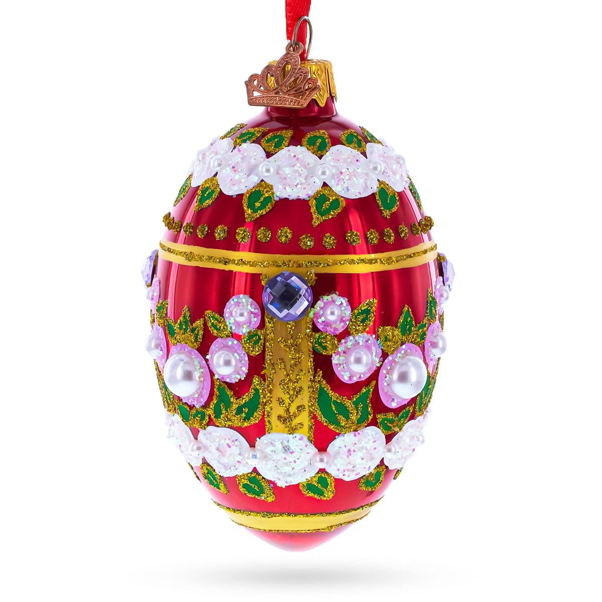 Pearl Flowers on Glossy Red Glass Egg Ornament 4 Inches