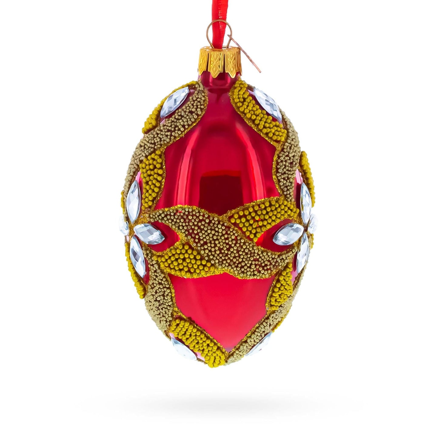 Diamond Star on Red Glass Egg Ornament 4 Inches