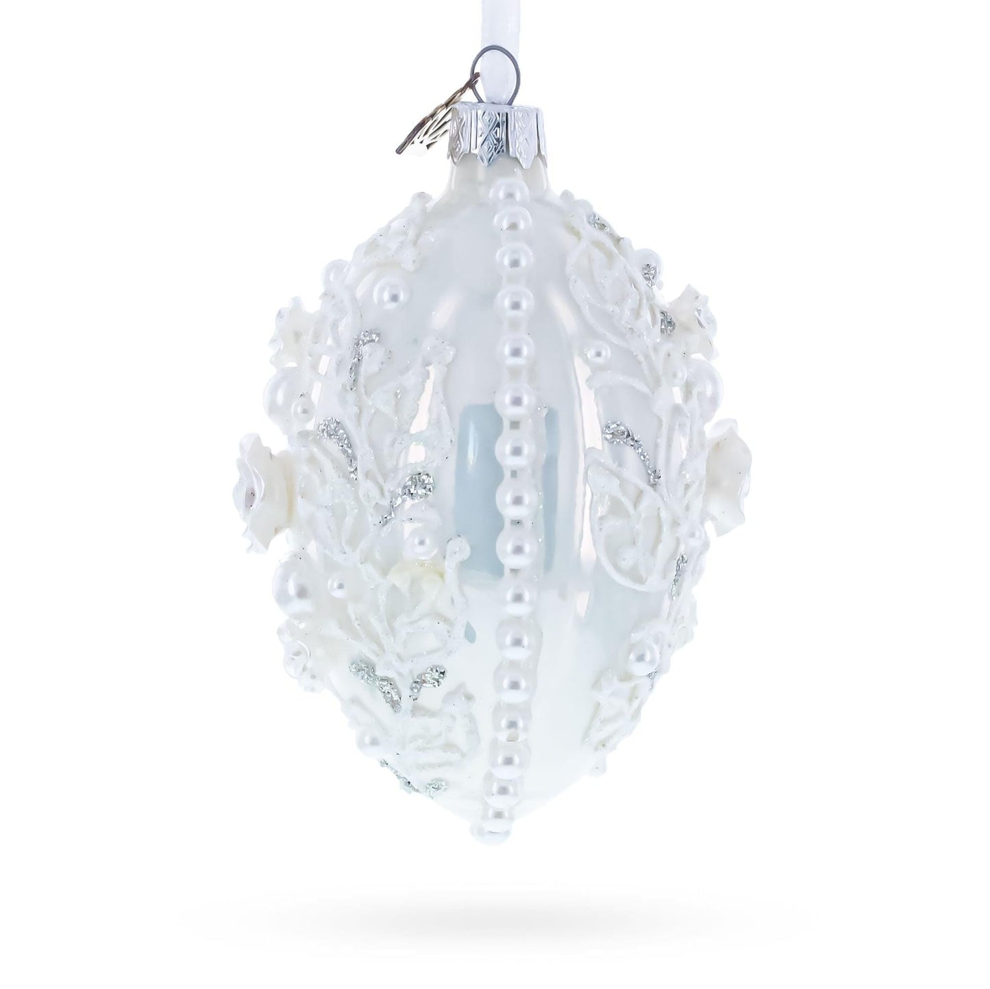3D Pearl Roses Glass Egg Ornament 4 Inches