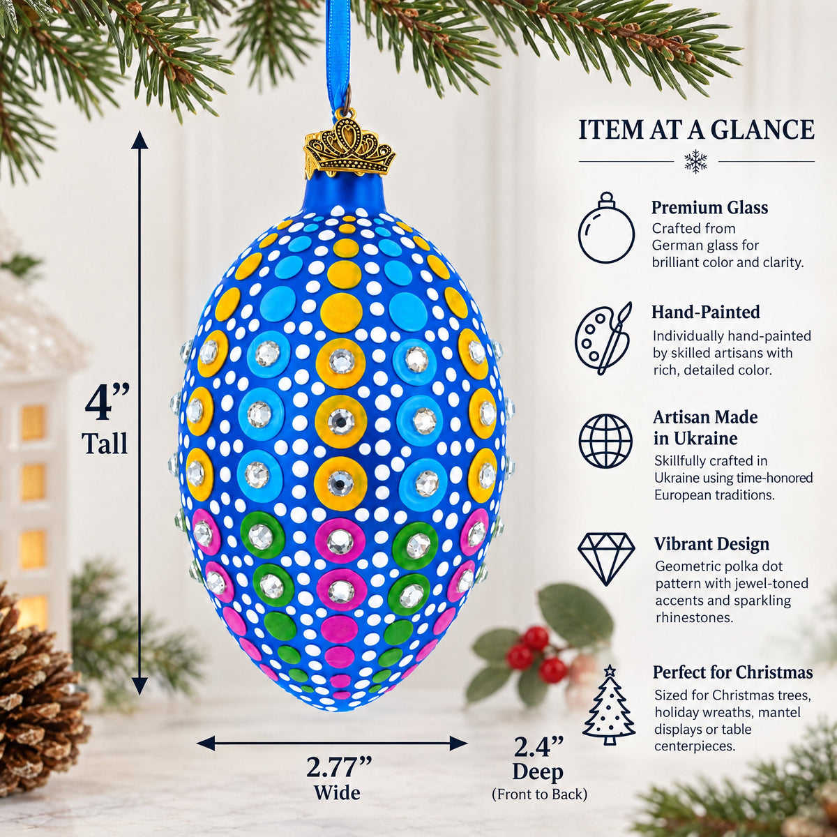 Vibrant Polka Dot Jewel-Toned Glass Egg Ornament  4 Inches
