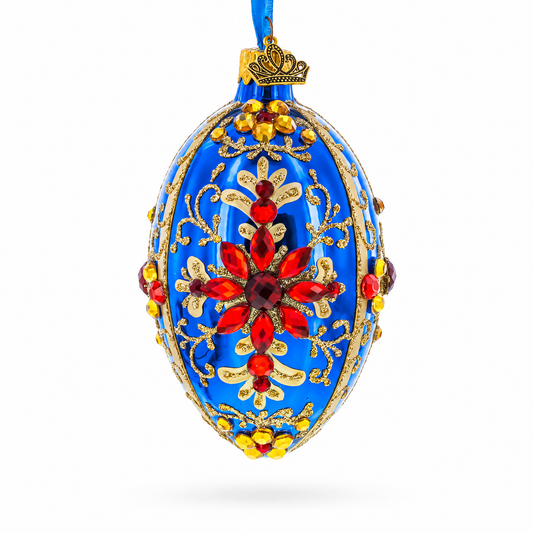 Sapphire with Red Floral Gemstone Embellishments Glass Egg Ornament 4 Inches