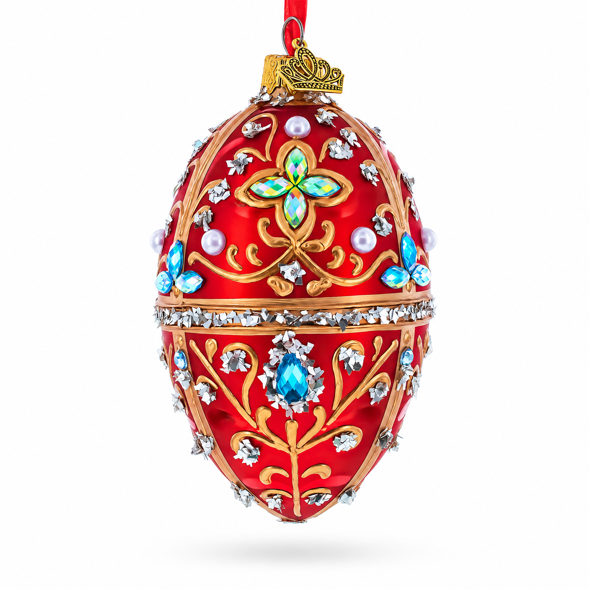 Red Jewel-Encrusted Egg with Gold Filigree and Crystal Floral Accents Glass Egg Ornament 4 Inches
