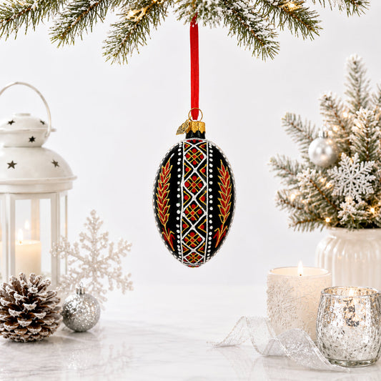 Ukrainian Folk Art Black Geometric Wheat Motif Glass Egg Ornament