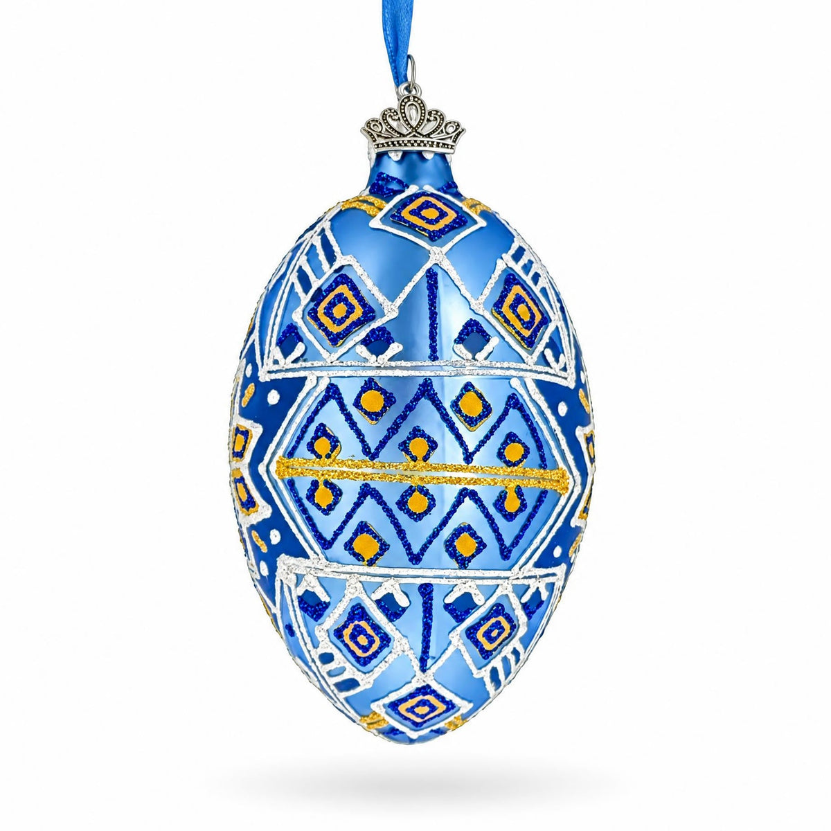 Ornate Blue Diamond Pattern Floral Star Glass Egg Ornament