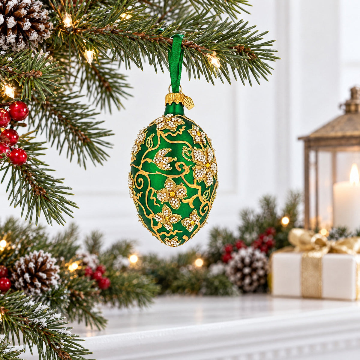 Green Jeweled Glitter Scrollwork Glass Egg Christmas Ornament