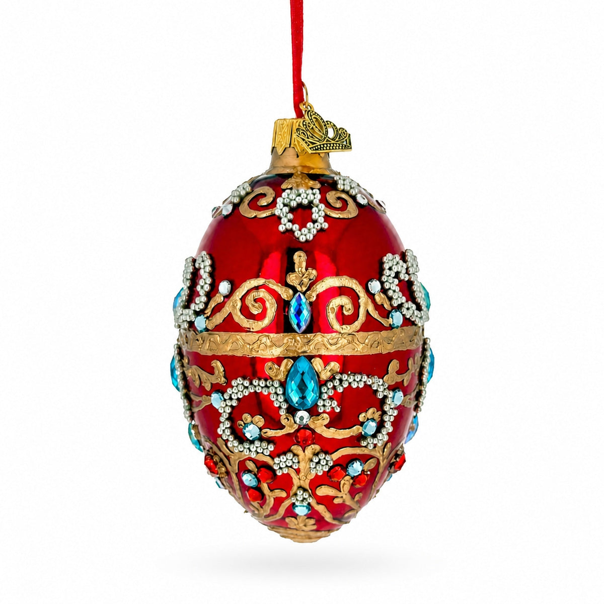 Red Jeweled Glitter Scrollwork Glass Egg Christmas Ornament