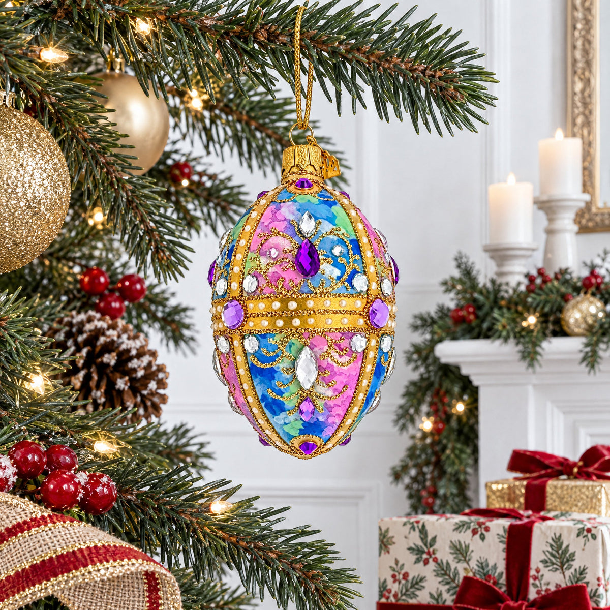 Blue and Purple Jeweled Glitter Scrollwork Glass Egg Christmas Ornament