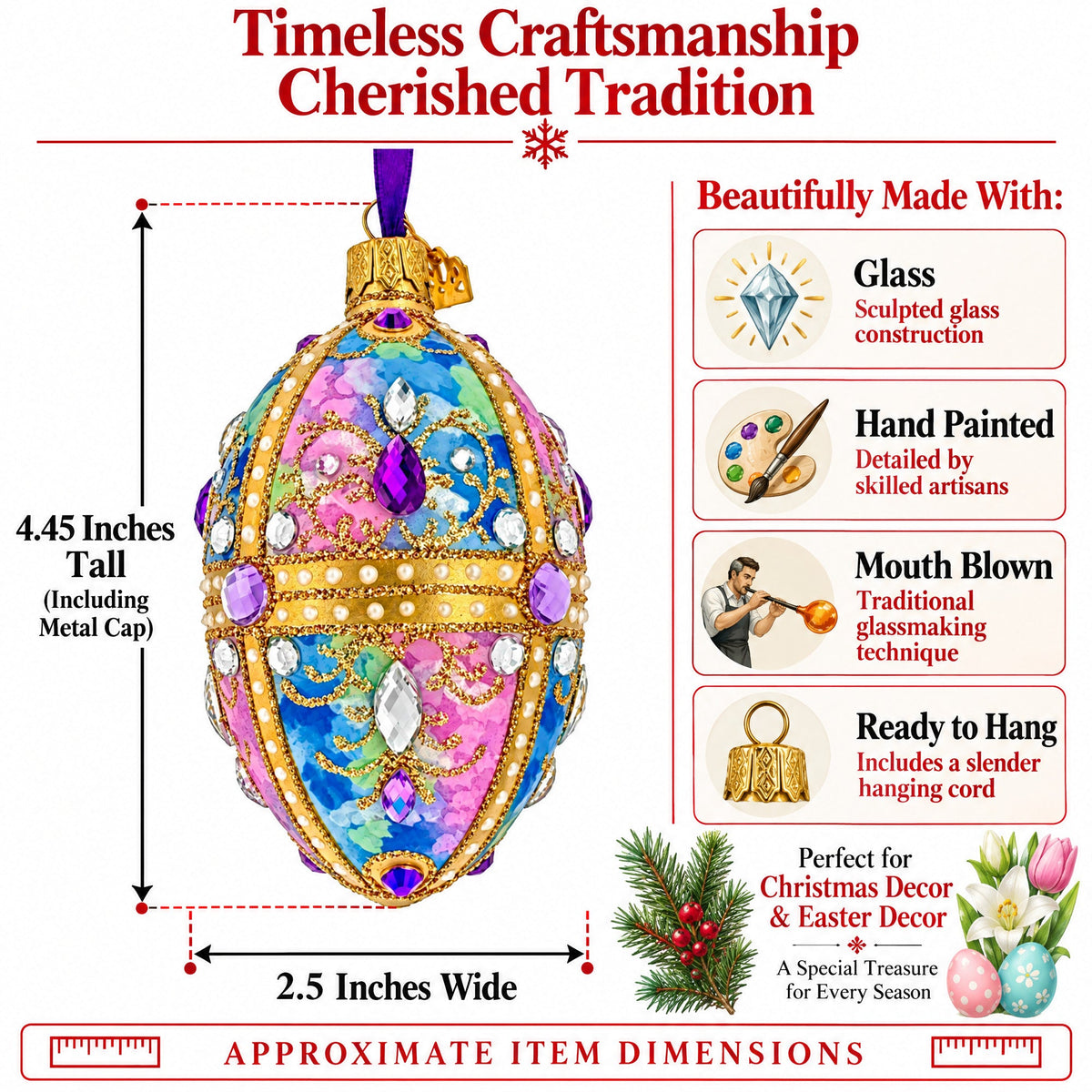 Blue and Purple Jeweled Glitter Scrollwork Glass Egg Christmas Ornament