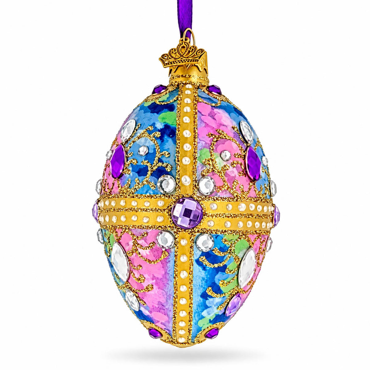 Blue and Purple Jeweled Glitter Scrollwork Glass Egg Christmas Ornament