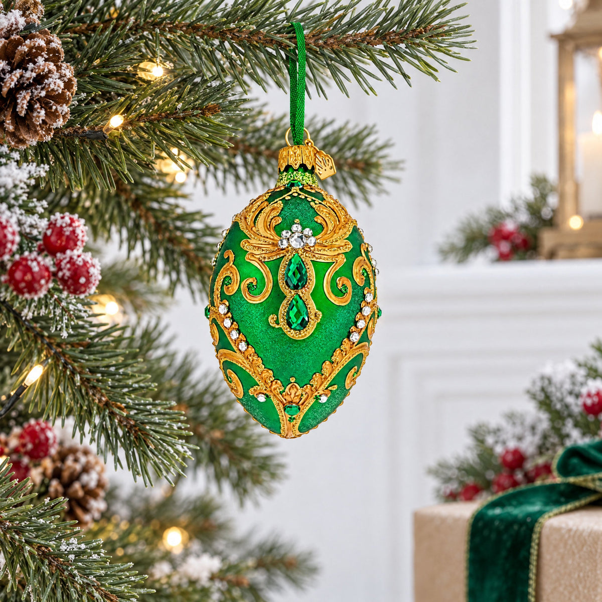 Jeweled Emerald Green Gold Scrollwork Glass Egg Ornament