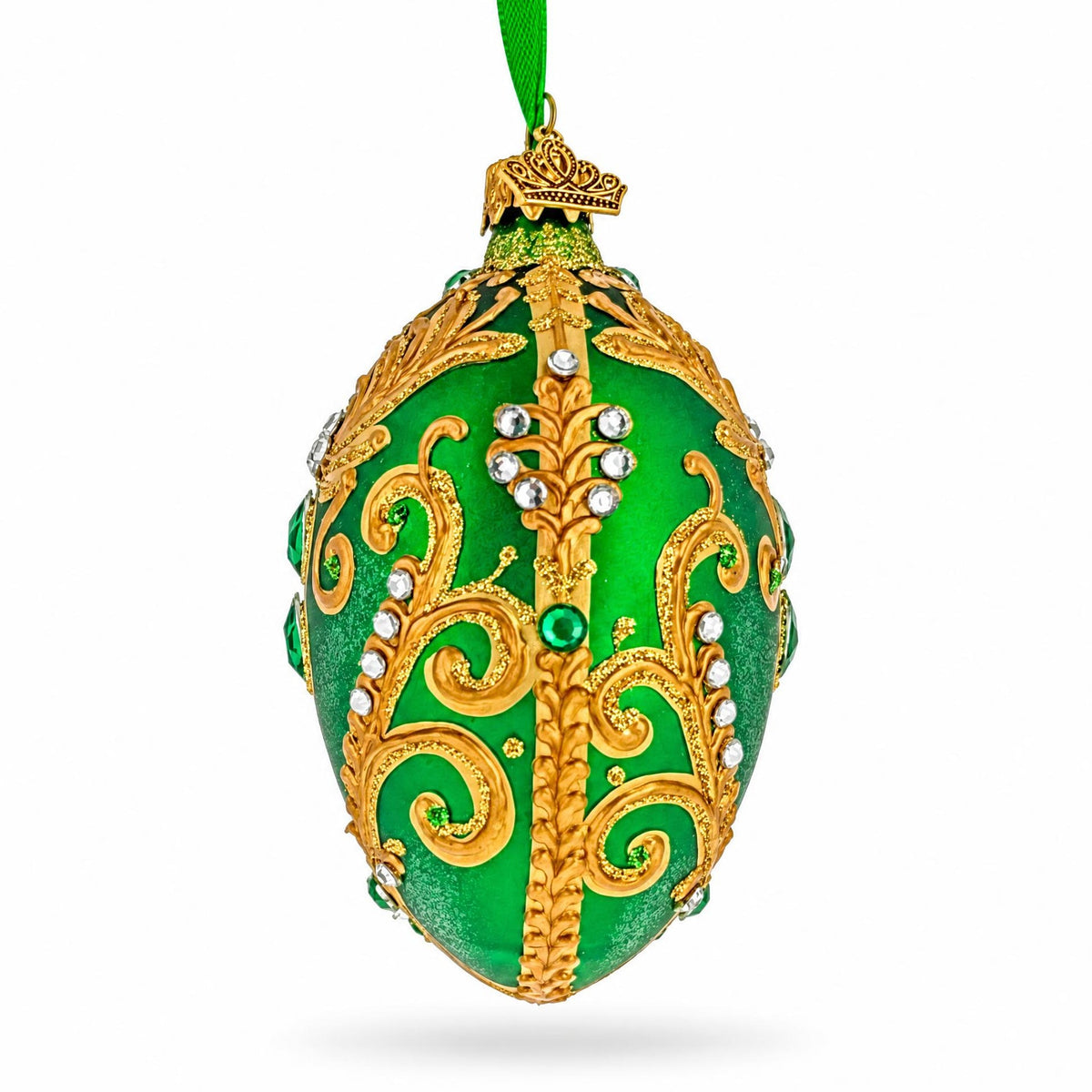 Jeweled Emerald Green Gold Scrollwork Glass Egg Ornament