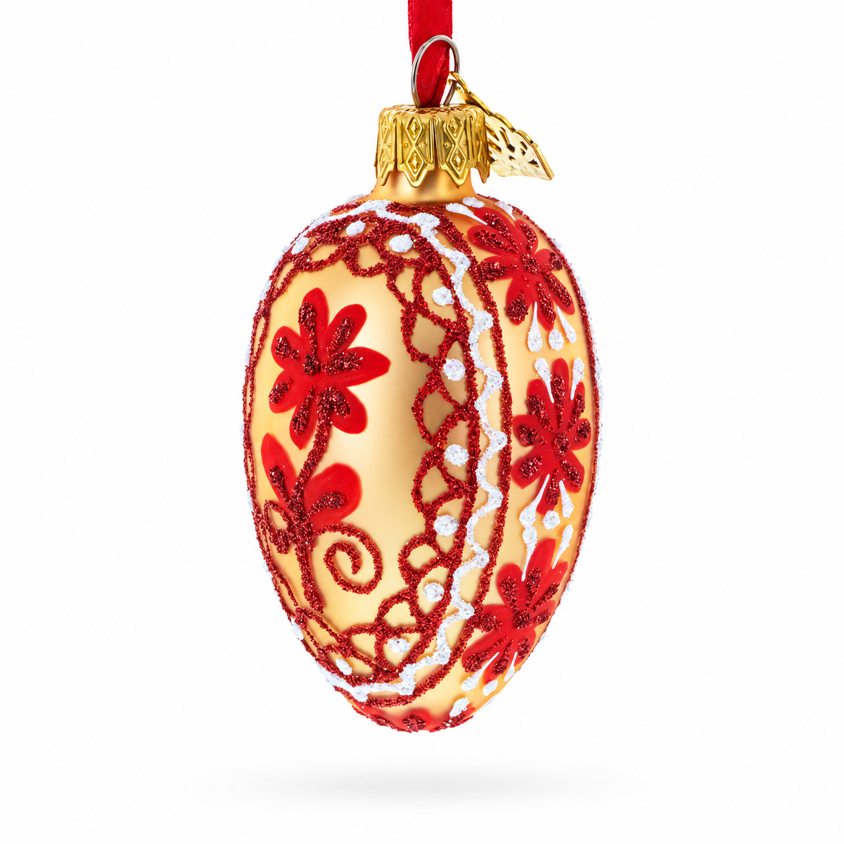 Cream with Red Floral and Lace Accents Mini Glass Egg Ornament 2.9 Inches