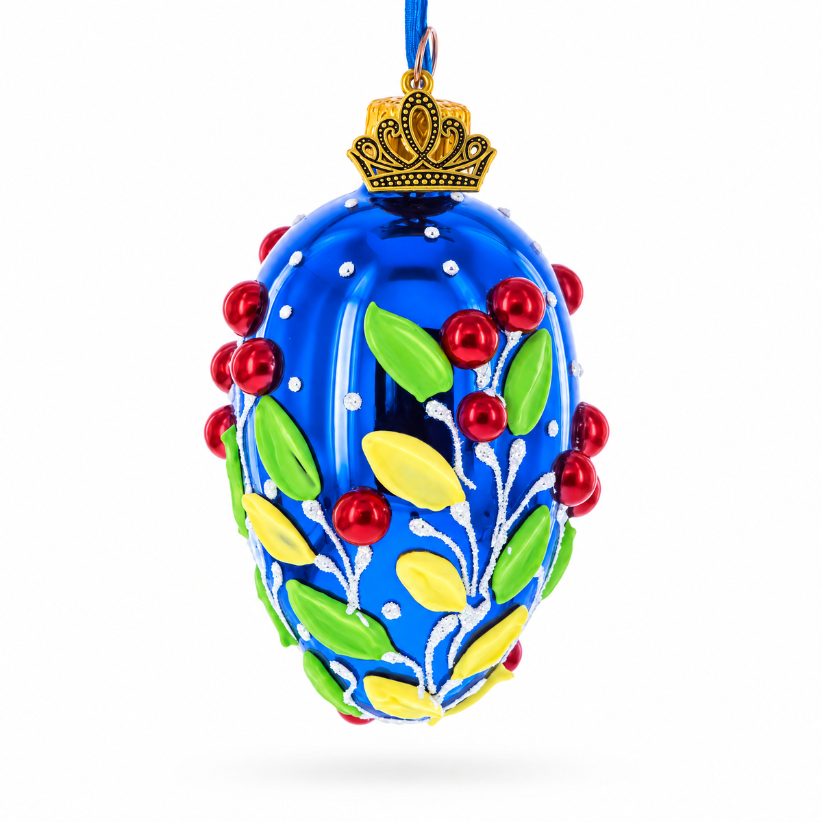 Shiny Blue with Red Berry and Green Leaf Accents Mini Glass Egg Ornament 2.9 Inches