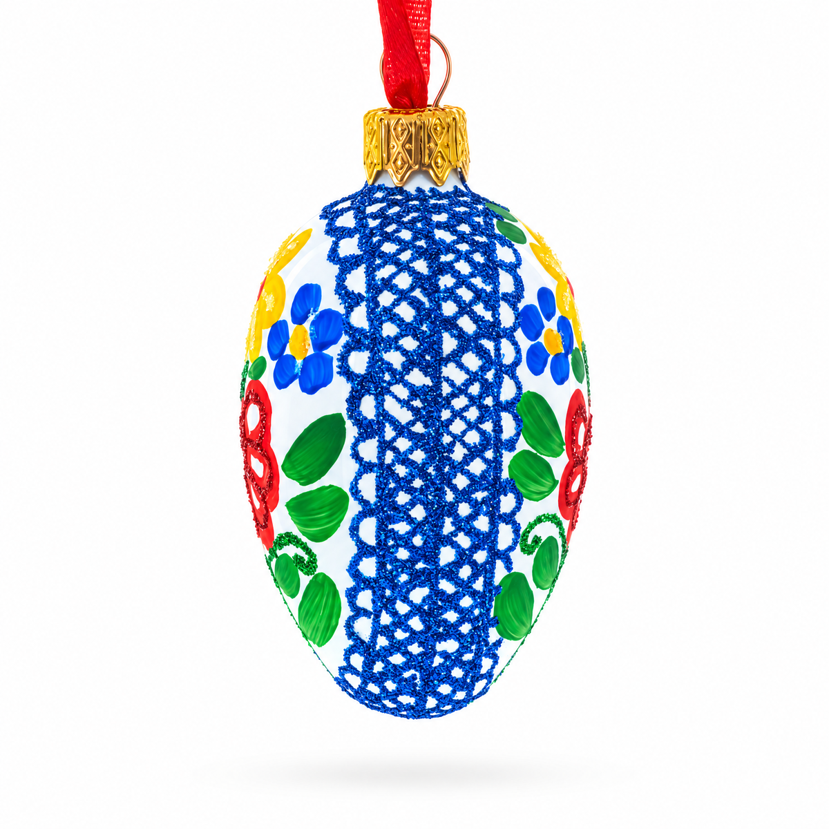 White with Multicolor Floral and Blue Lace Accents Mini Glass Egg Ornament 2.9 Inches