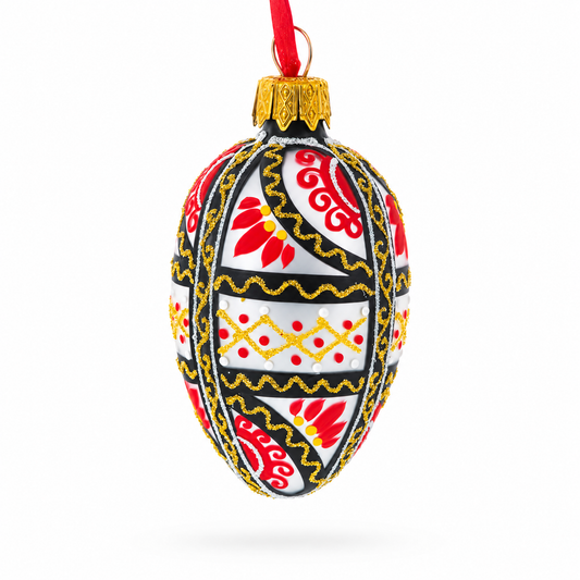 Ukrainian Geometric Red and Gold Mini Glass Egg Ornament 2.9 Inches