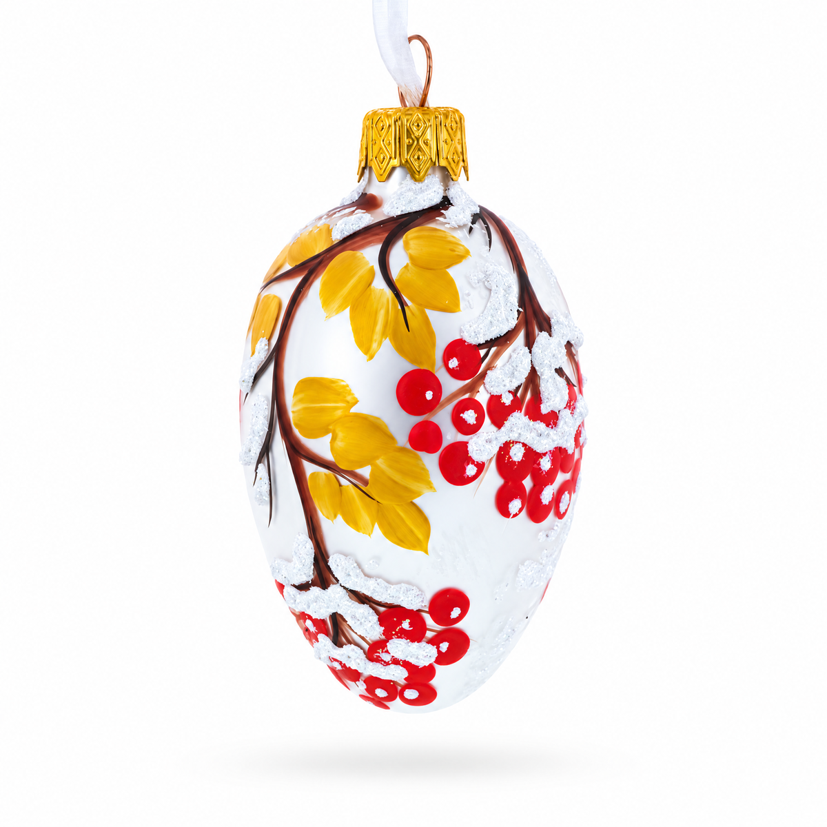 Frosted White with Red Berry and Snow-Covered Branch Design Mini Glass Egg Ornament 2.9 Inches