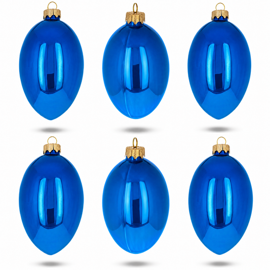 Set of 6 Blue Glossy Glass Egg Ornaments 4 Inches