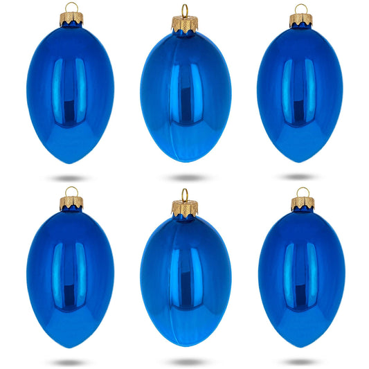Set of 6 Blue Glossy Glass Egg Ornaments 4 Inches