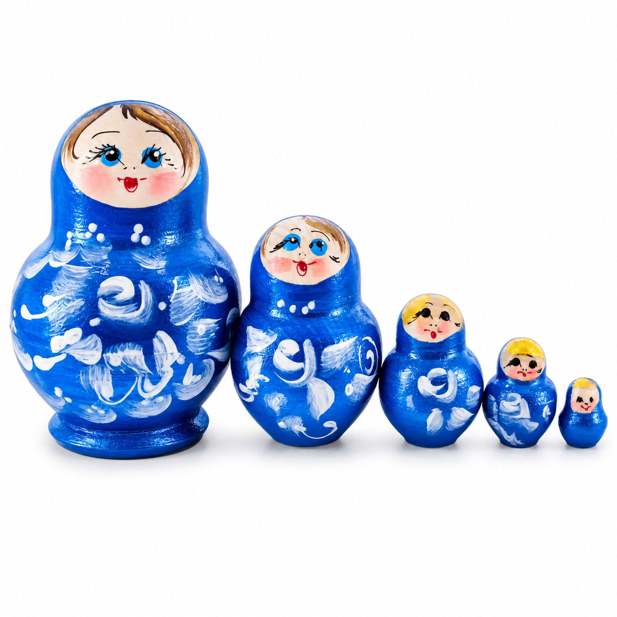 Blue Color with White Ornament Wooden  Nesting Dolls