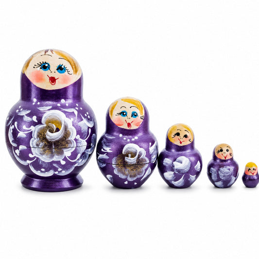 Wooden Metallic Plum Floral Nesting Dolls - Stacking Matryoshka 3.1 Inches